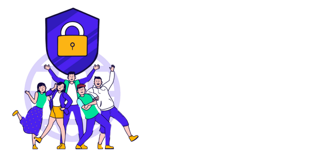A diverse group of people showcasing a padlock and a shield, illustrating the concept of security and defense.