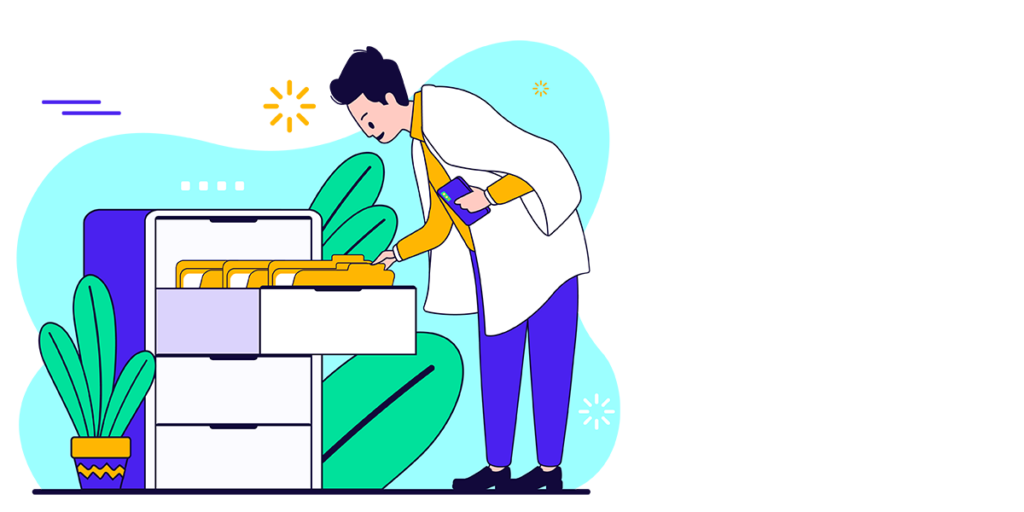 An illustration of a person looking through some file cabinets