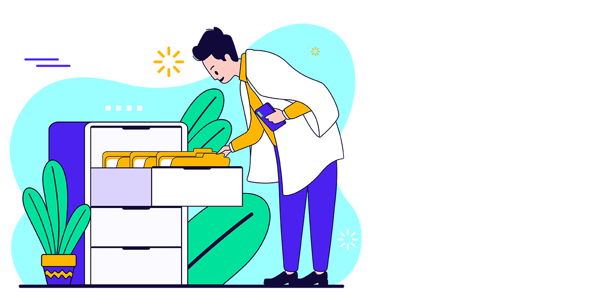 An illustration of a person looking through some file cabinets