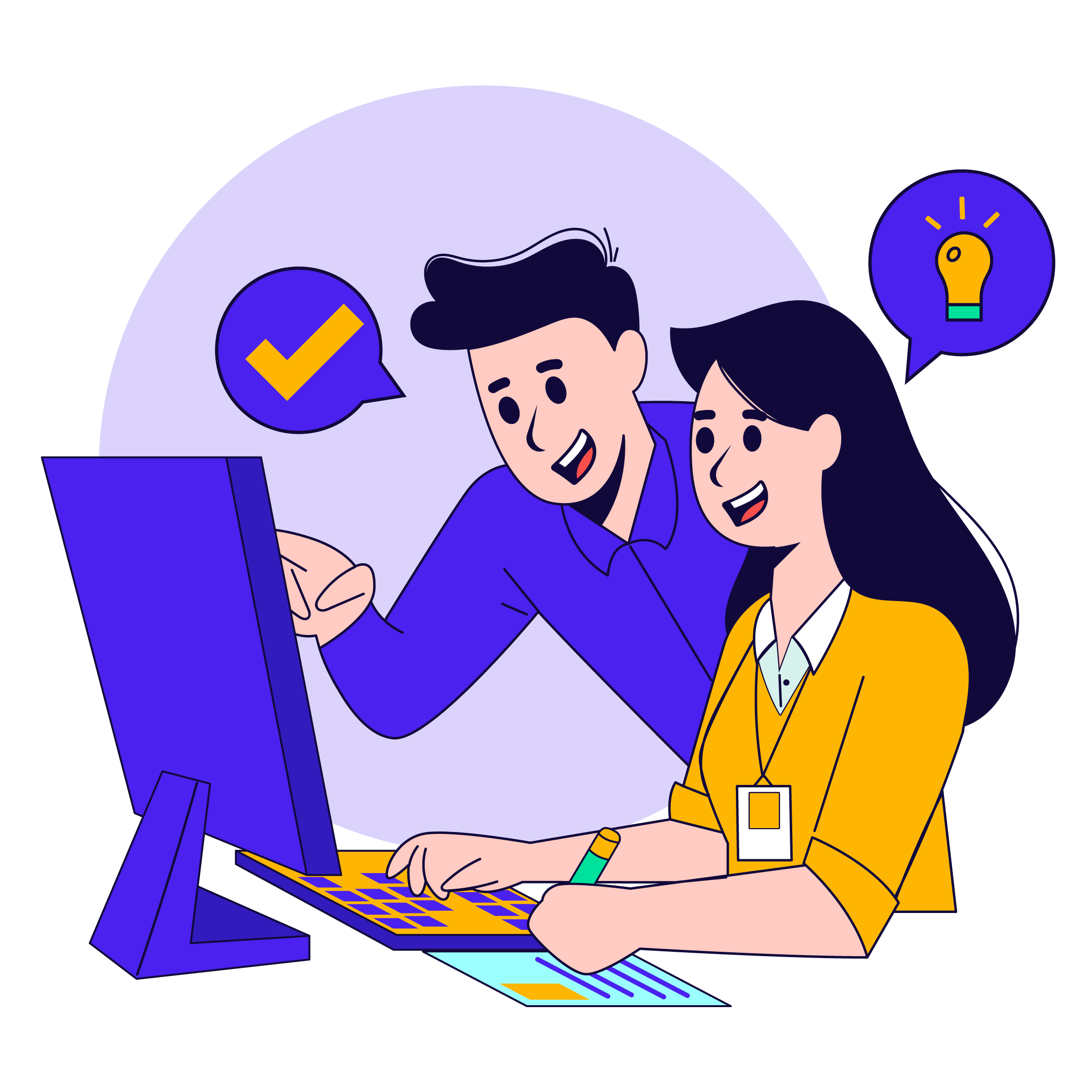 A man and woman collaborate on a computer, focused on their work in a professional setting.