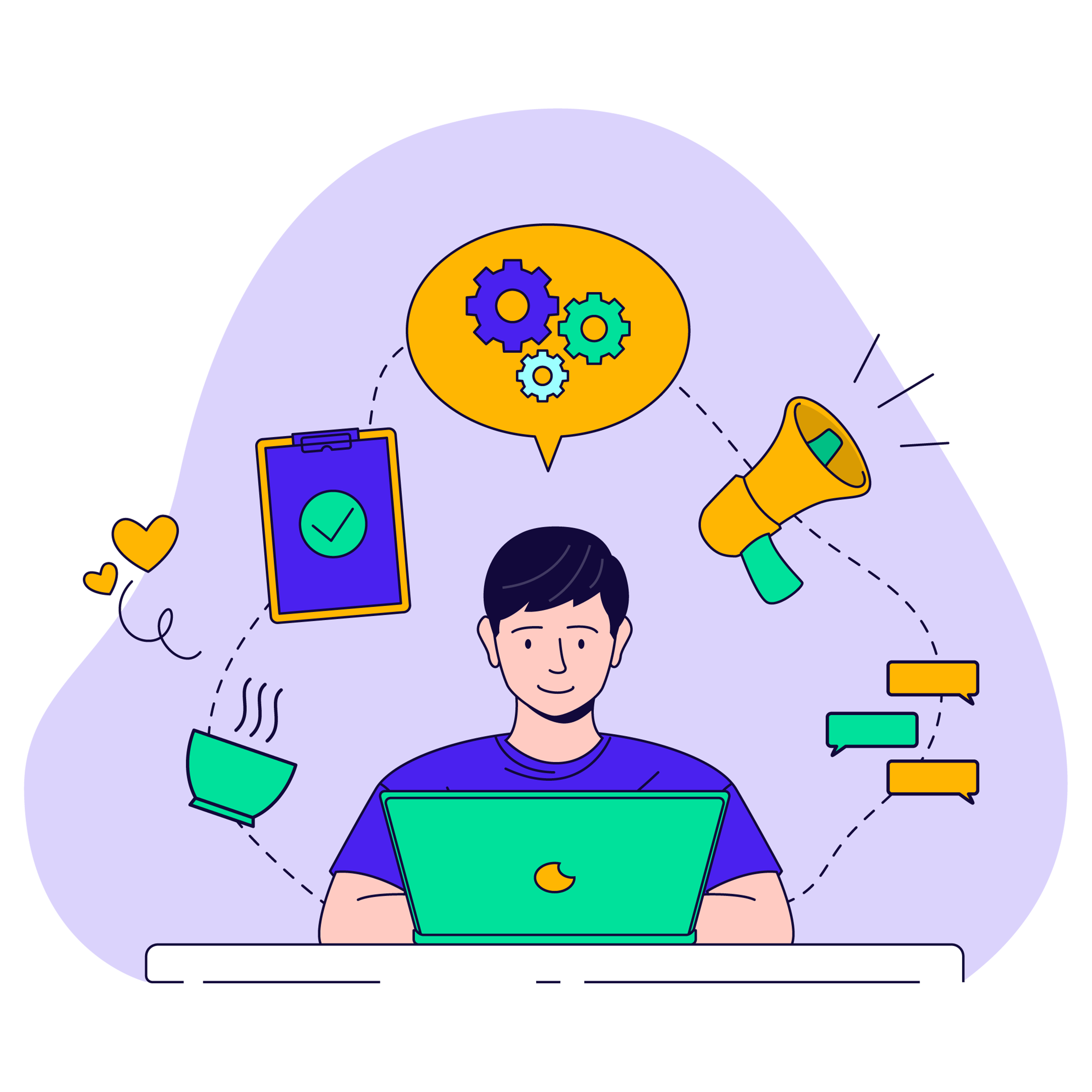 A man working at a desk with a laptop, encircled by multiple icons symbolizing digital tools and applications.