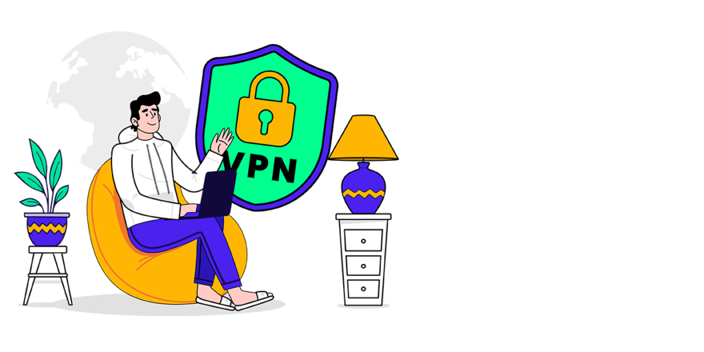 A cartoon man seated before a VPN sign, symbolizing best practices for cybersecurity in remote work environments.
