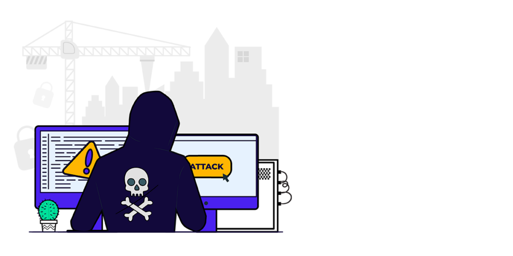 A hooded individual seated at a computer, ominously displaying a skull and crossbones, suggesting cyber threats to infrastructure.