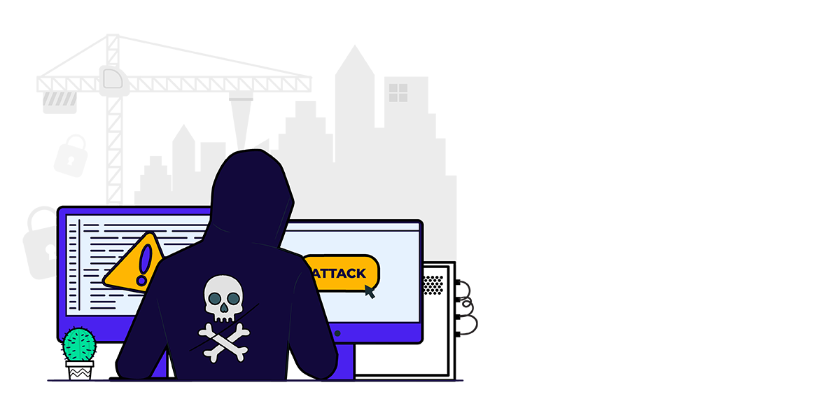 A hooded individual seated at a computer, ominously displaying a skull and crossbones, suggesting cyber threats to infrastructure.