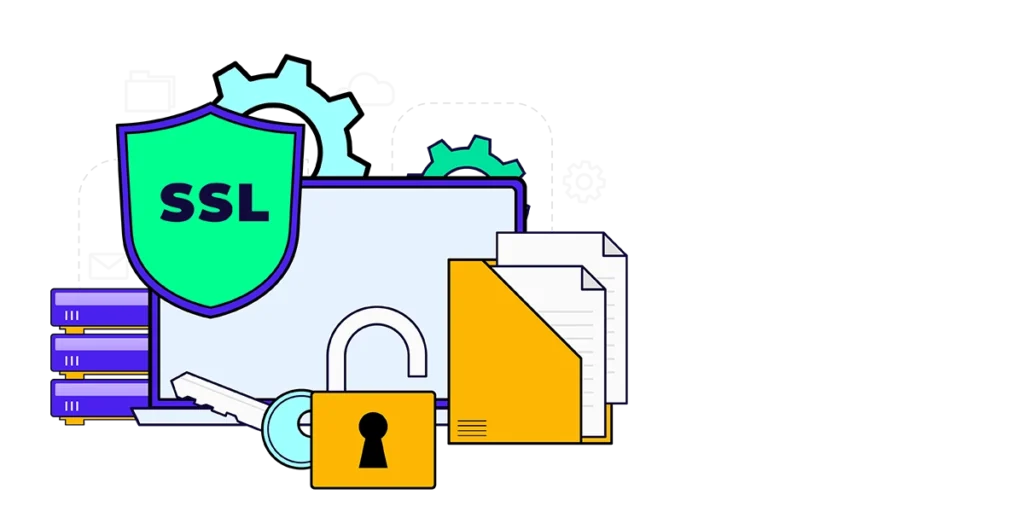Cartoon illustration of a computer displaying the letters "SSL" prominently on its screen.