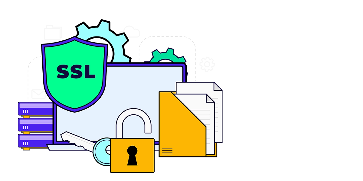 Cartoon illustration of a computer displaying the letters "SSL" prominently on its screen.