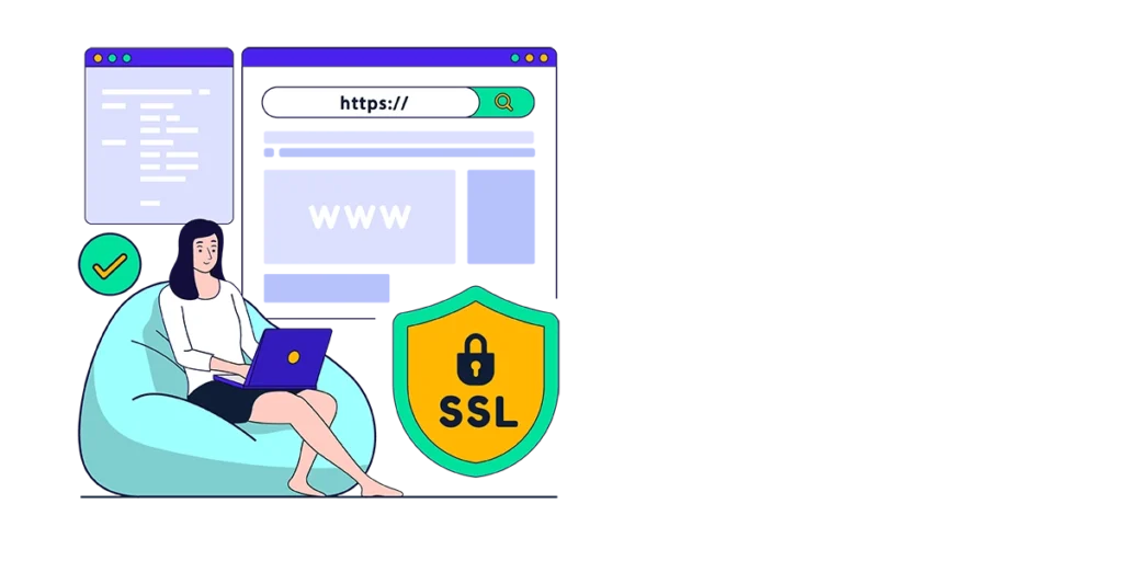 A woman safely browsing the internet with their advanced browser security provided as shown by the shield with a lock and SSL on it