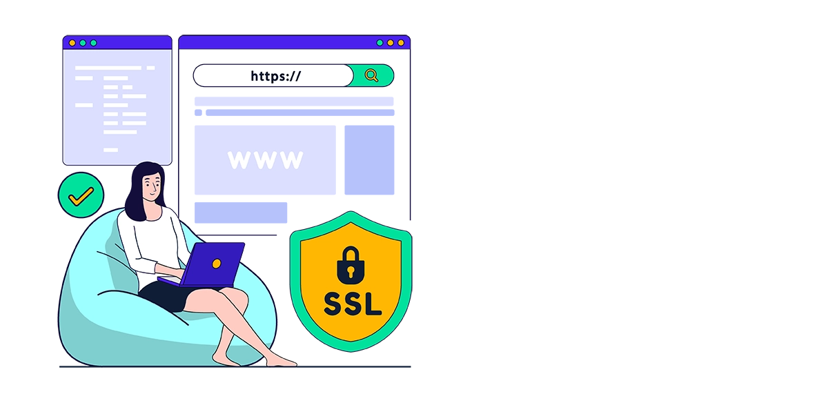 A woman safely browsing the internet with their advanced browser security provided as shown by the shield with a lock and SSL on it