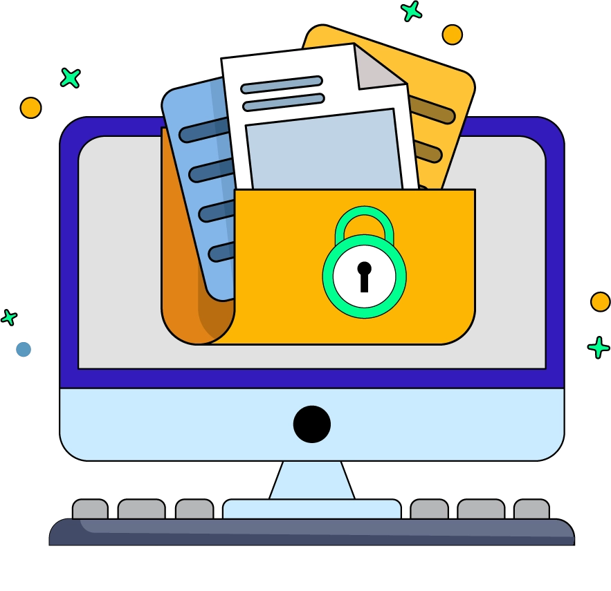 A computer with a folder on the screen and a lock on the folder with documents, symbolising a sense of security