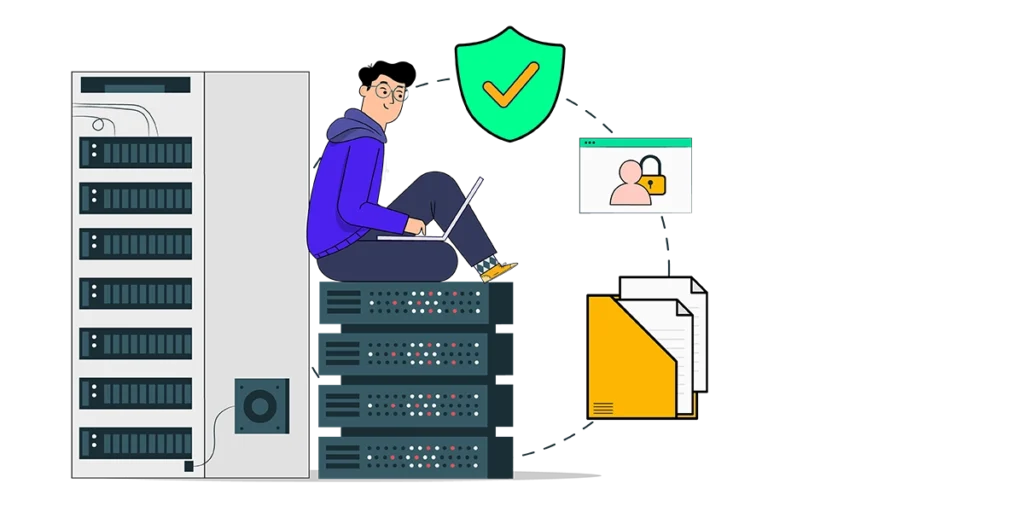 A person perched on a server, working on a laptop, amidst a backdrop of servers and networking equipment.