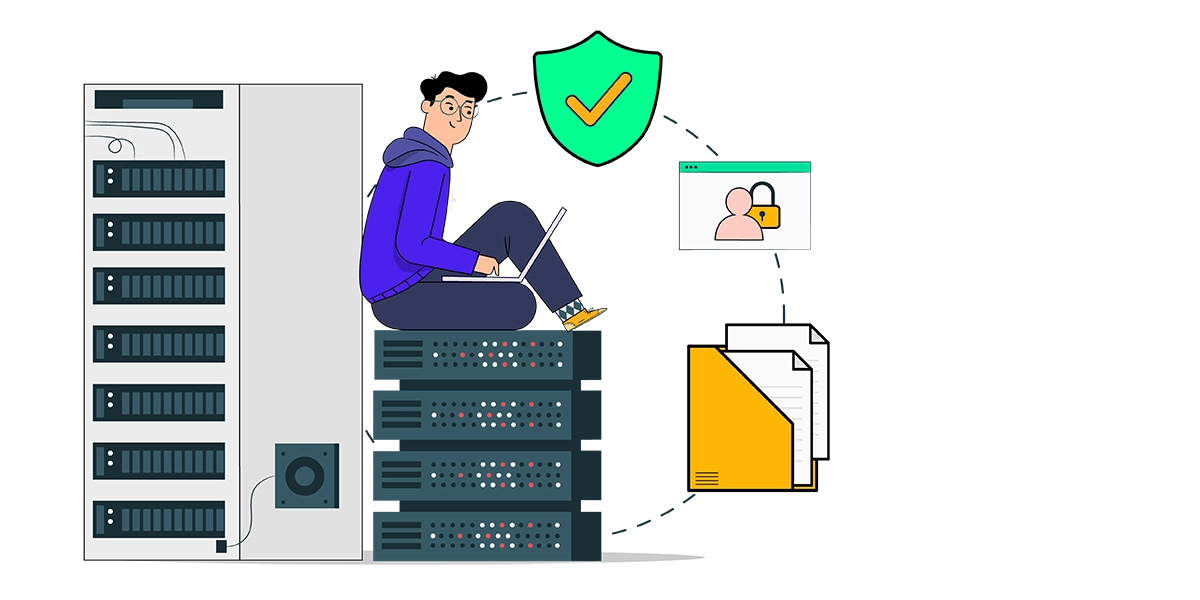 A person perched on a server, working on a laptop, amidst a backdrop of servers and networking equipment.