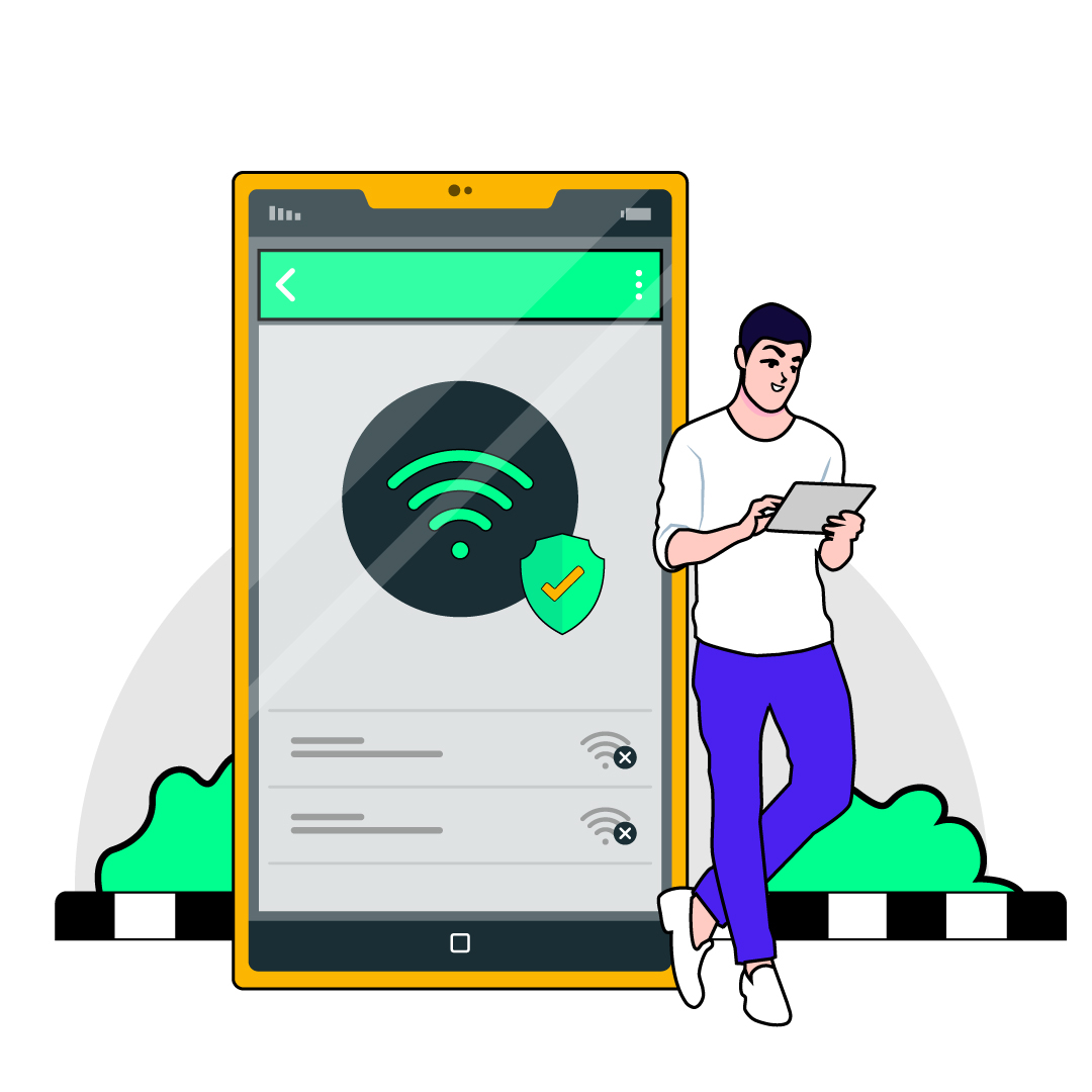 A man outdoors, safely connected to public Wi-Fi