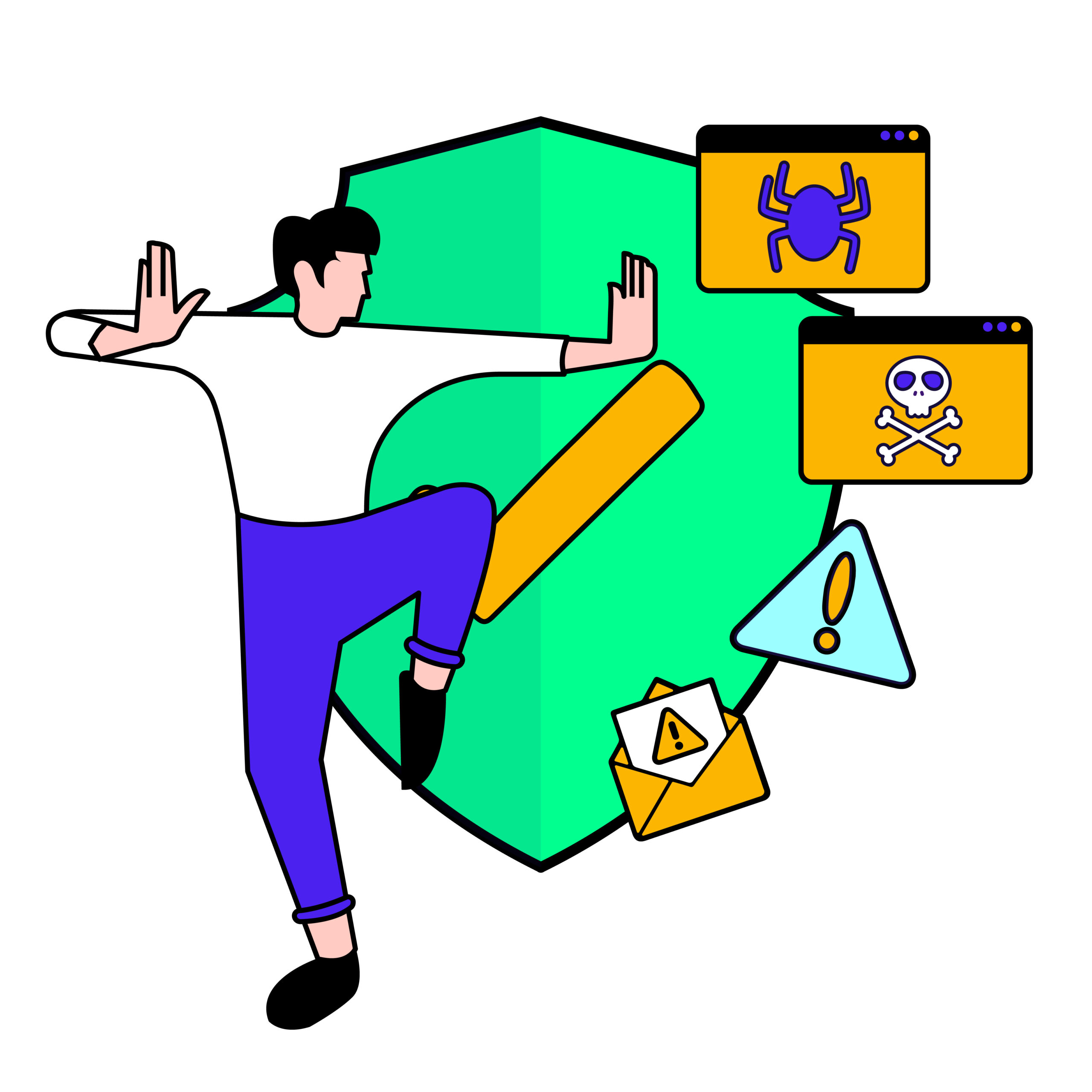 A man next to a shield which is surrounded by dangerous icons which symbolizes protection