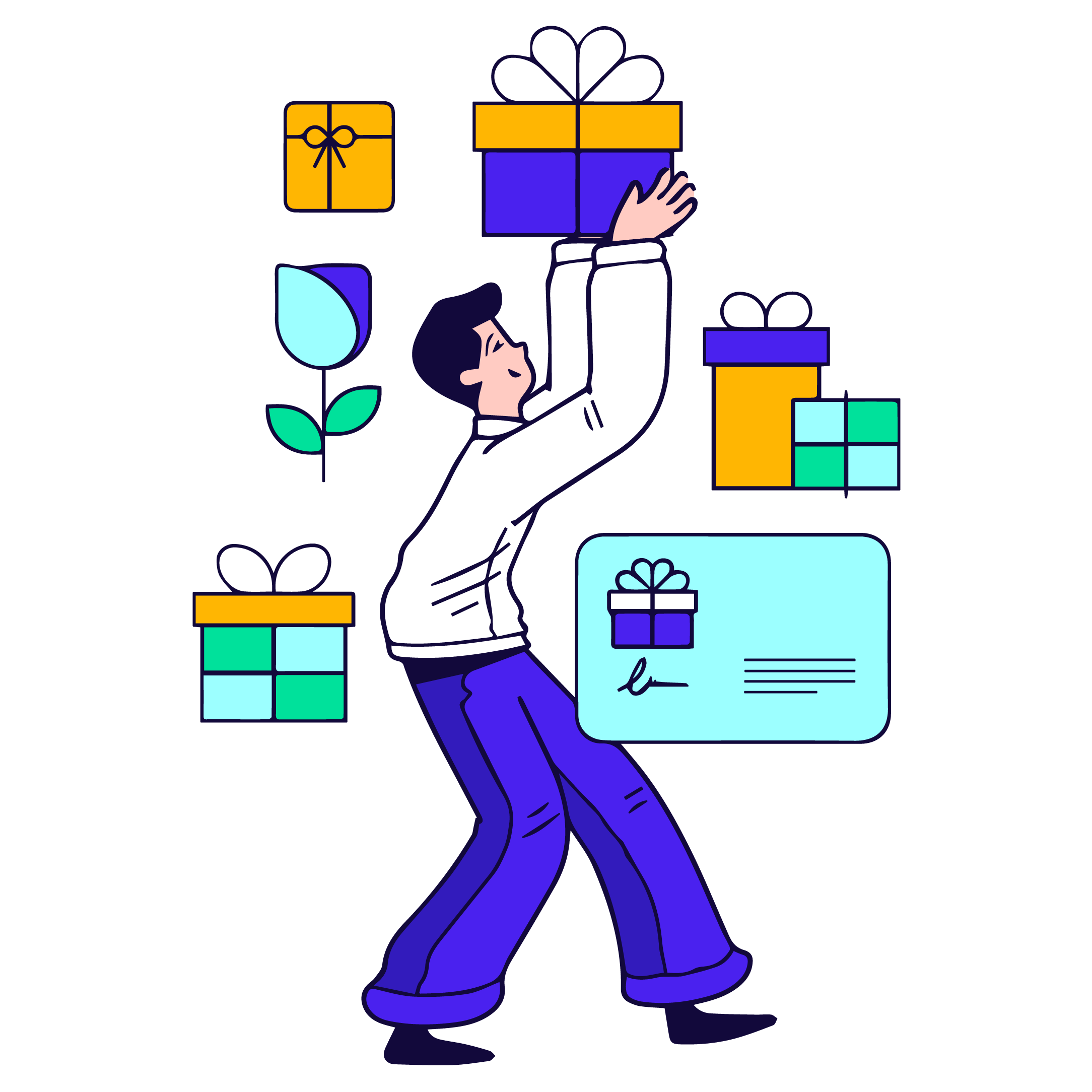 A man holding a gift box, surrounded by gift boxes and a gift card