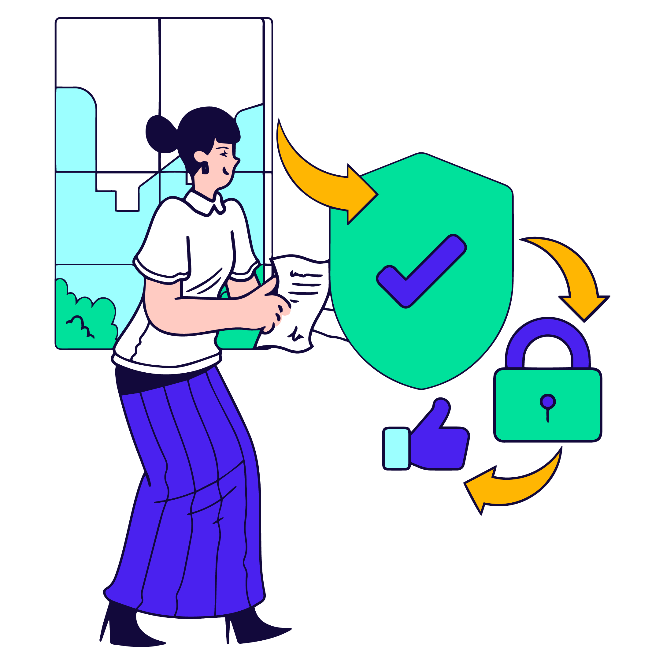 A woman is seen with a padlock and a "secure" sign, illustrating the concept of safety and safeguarding.