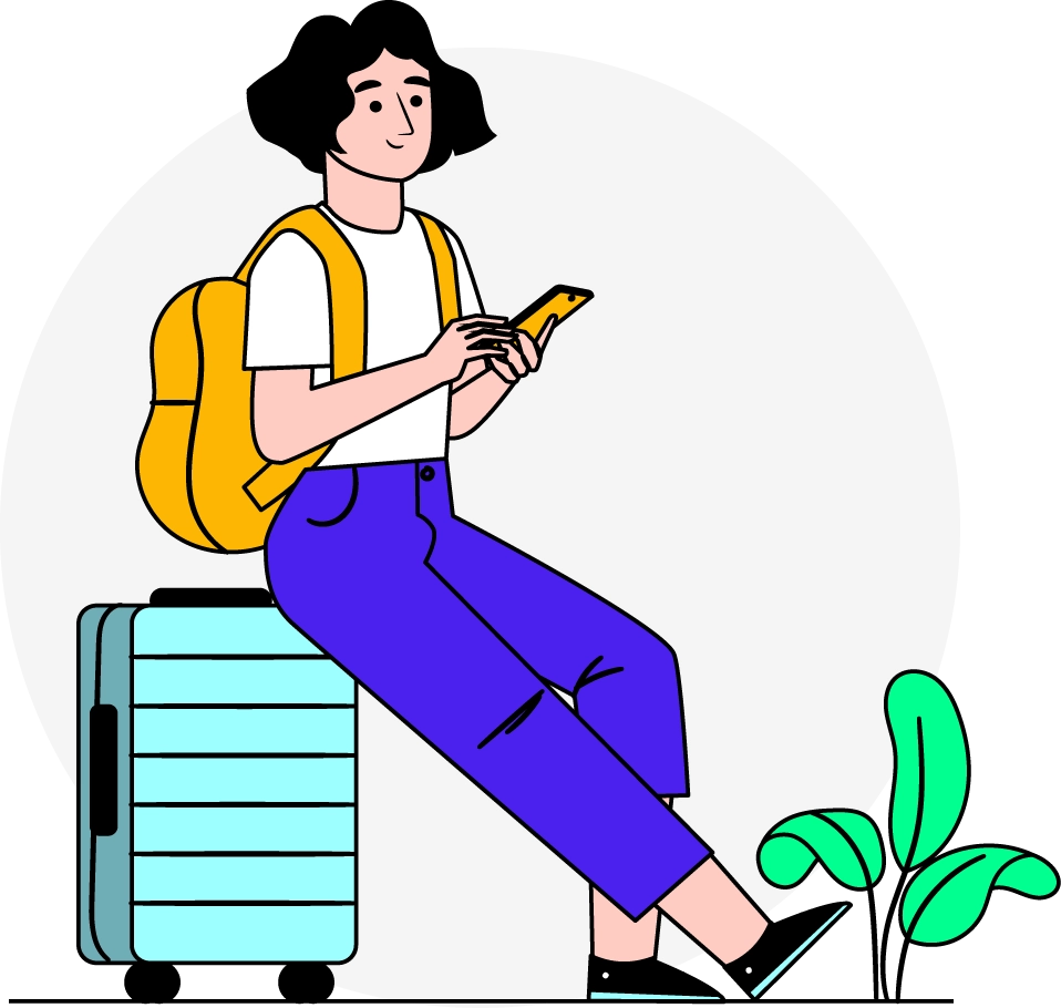 A woman sits on a suitcase, holding a phone, exuding a sense of travel and anticipation.