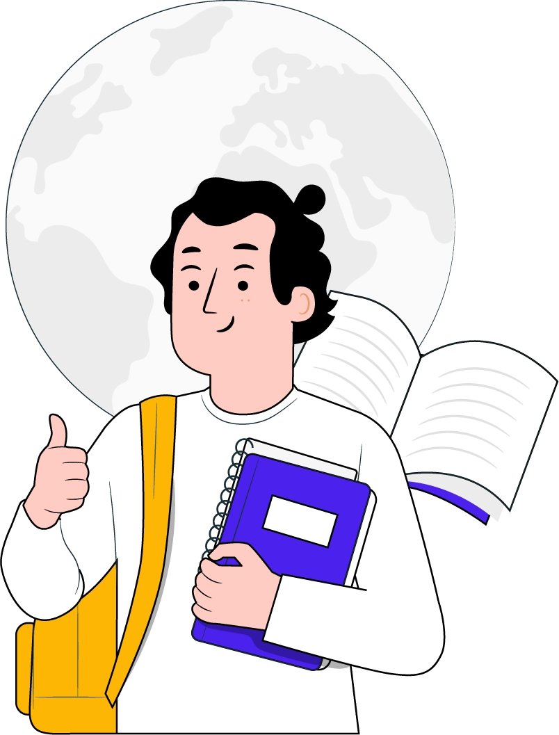 Cartoon illustration of a man with a backpack and book, grasping a globe, representing travel and learning.